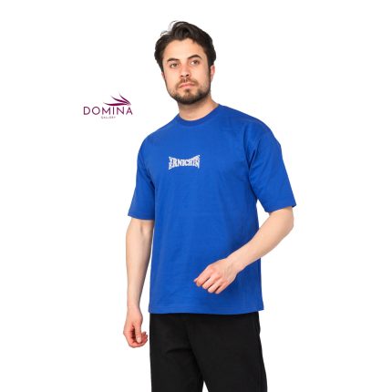 تیشرت یقه گرد مردانه آبی طرح دار